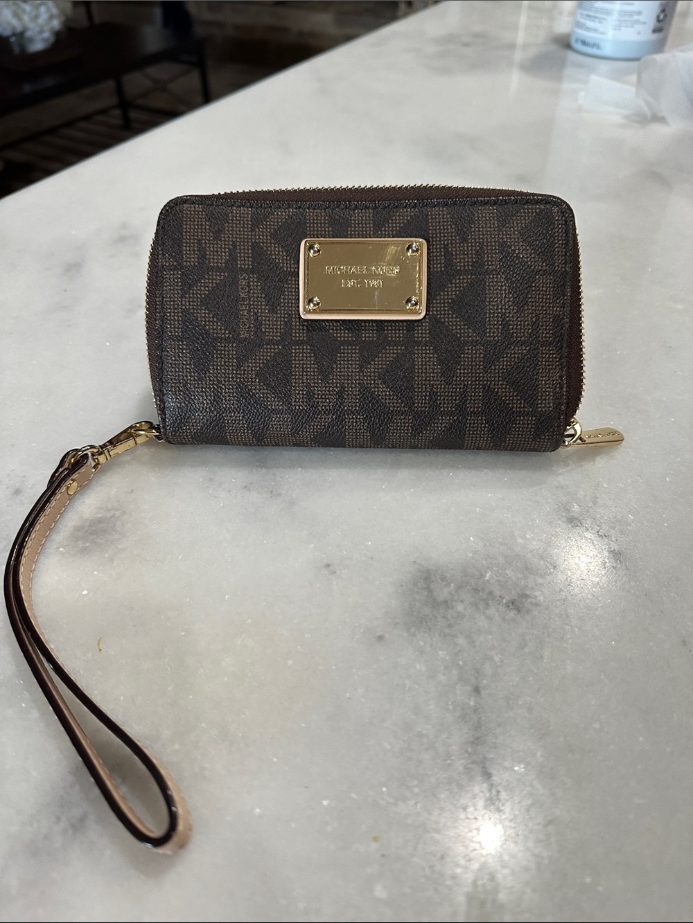 Michael Kors Brown MK Logo Wristlet with Gold Plate